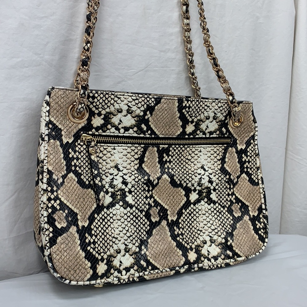 INC Purse Shoulder Bag Tan Vegan Snake Faux Reptile Large Chain Zippered Satchel - Picture 2 of 16
